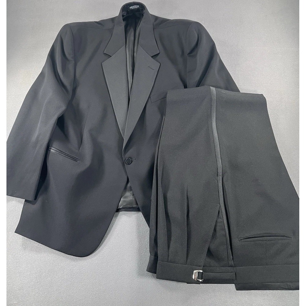 Jean Yves Black Tuxedo Pants Suit Coat Satin Peak Lapel 50R W43 L29 100% Wool